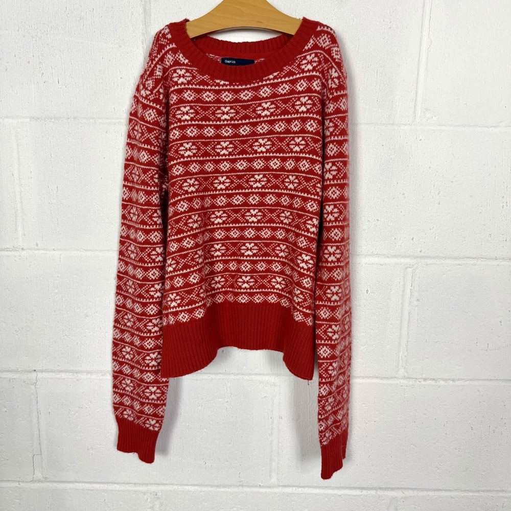Gap Kids Crewneck Sweater SZ 14-16 Wool Blend Red Fair Isle Nordic Cozy Winter
